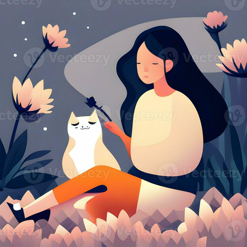 internacional gato dia menina jogando com gato ilustração falt Projeto foto