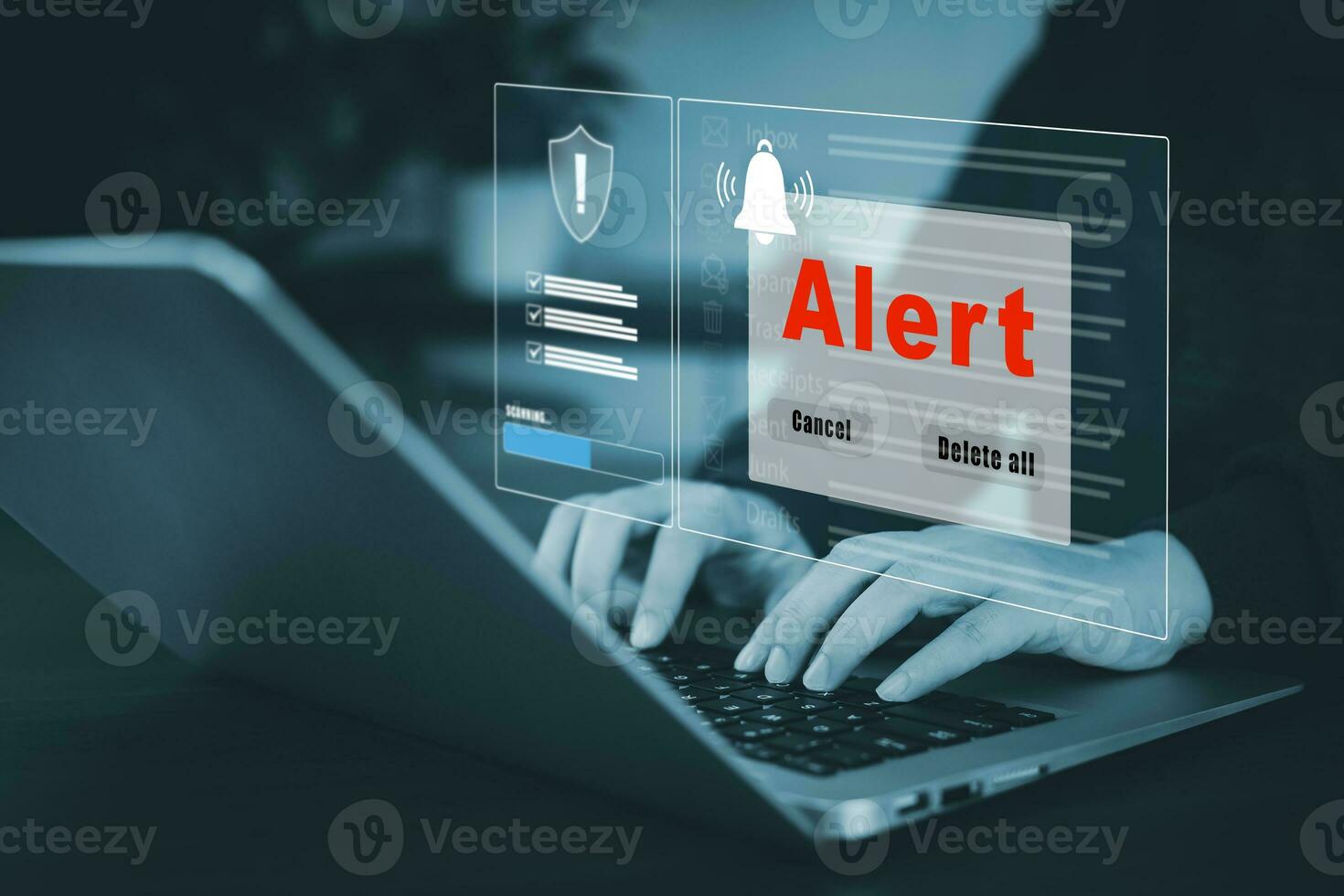 cyber segurança senha Conecte-se conectados conceito, e-mail com computador portátil Spam e vírus computador monitor Internet segurança, eletrônico mandar mensagem. Spam, lixo e marketing eletrônico, Spam o email Aparecer aviso. foto