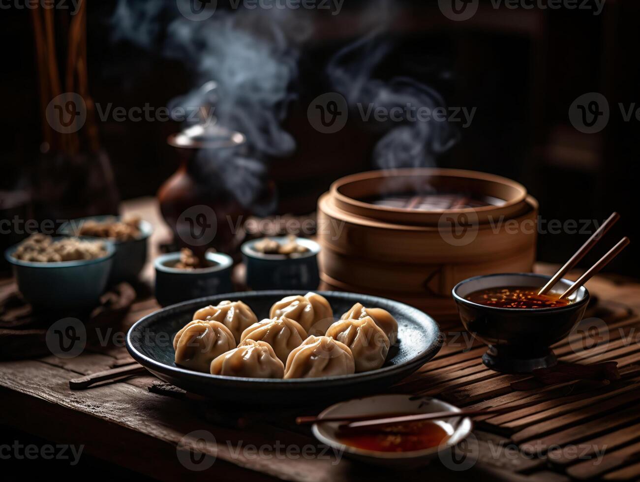 saboreando a sabores do China - uma delicioso prato do dumplings - ai gerado foto