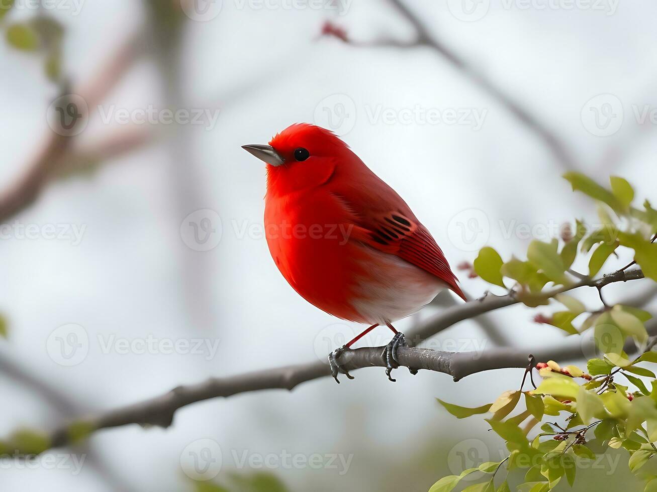 foco seletivo tiro do uma pequeno vermelho pássaro sentado em uma ramo foto