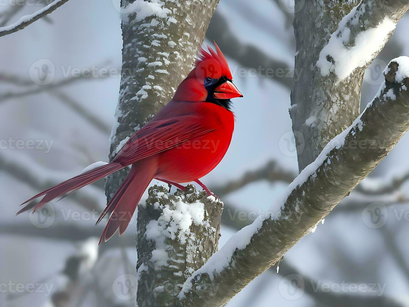 curioso vermelho cardeal pássaro sentado em Nevado árvore ramo dentro madeiras foto