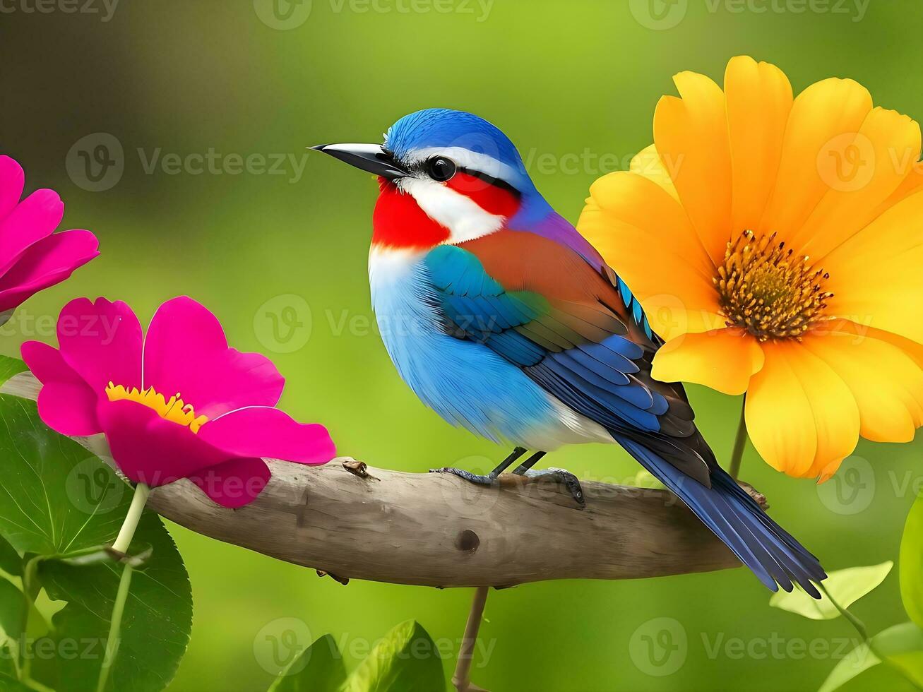 uma colorida pássaro senta em uma flor ai gerado foto