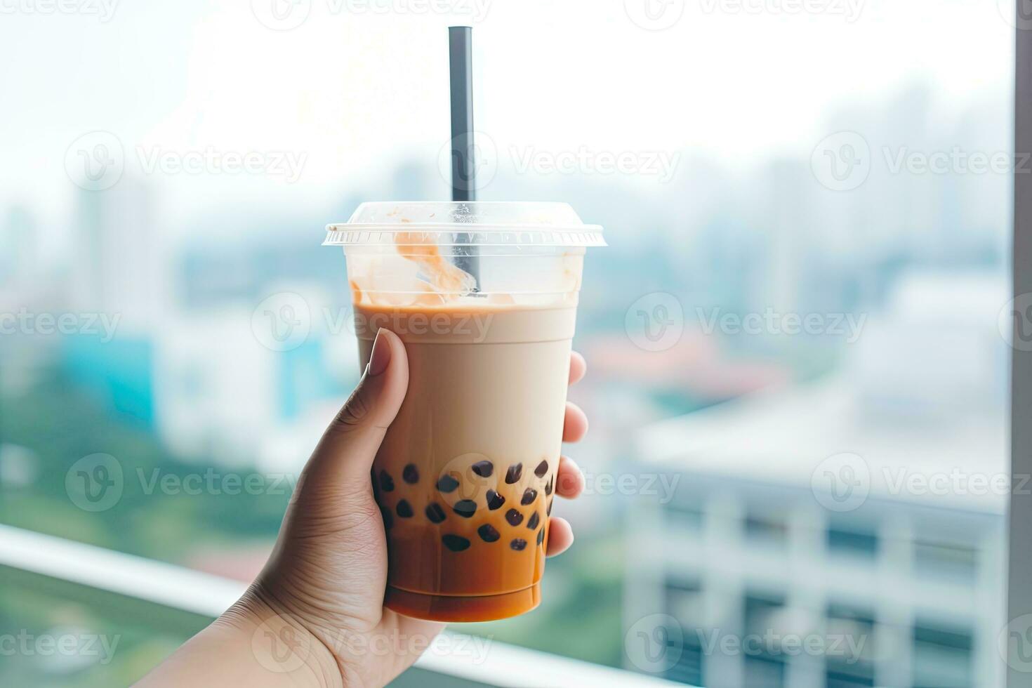 generativo ai ilustração do mão segurando Taiwan leite chá e embaçado fundo foto