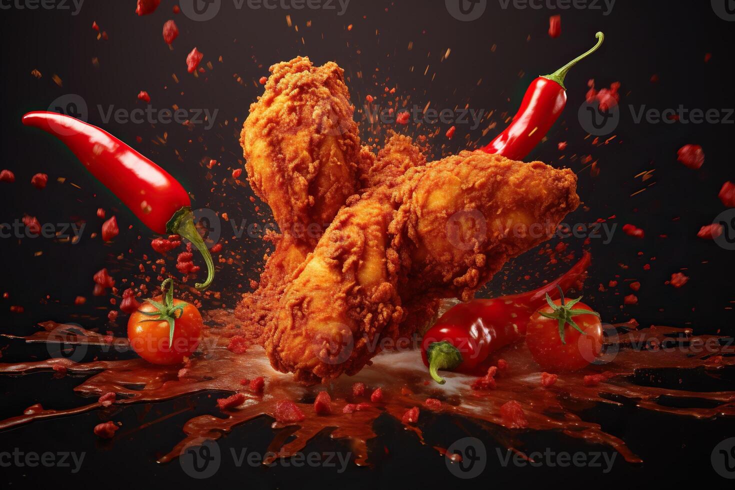 generativo ai ilustração do vermelho Pimenta Pimenta espirrando com frito frango em sólido cor fundo foto