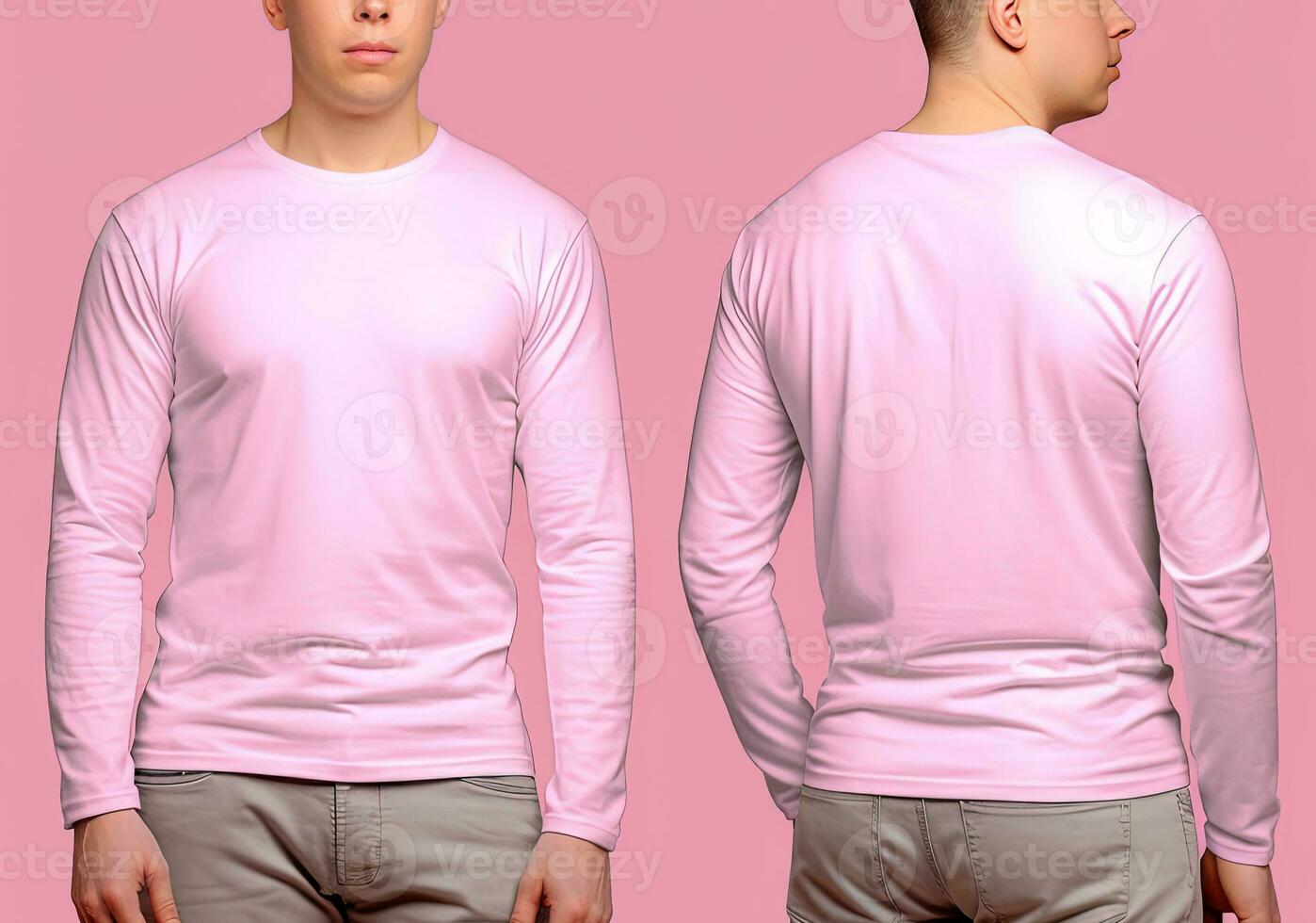 homem vestindo uma Rosa camiseta com grandes mangas. frente e costas visualizar. ai gerado foto