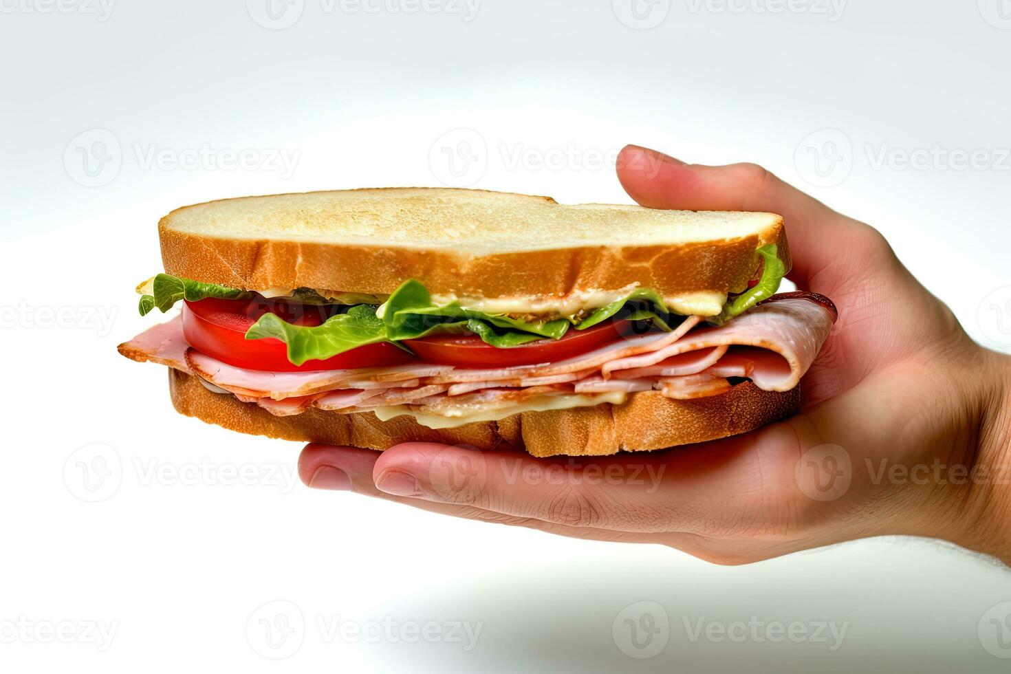mão segurando saboroso sanduíche em uma branco fundo. ai gerado foto