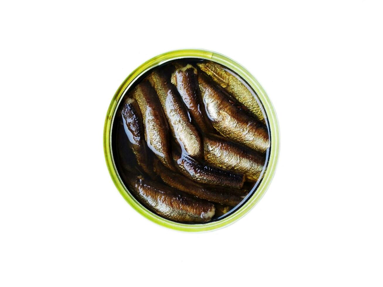 enlatado peixe com espadilhas dentro óleo em uma branco fundo foto