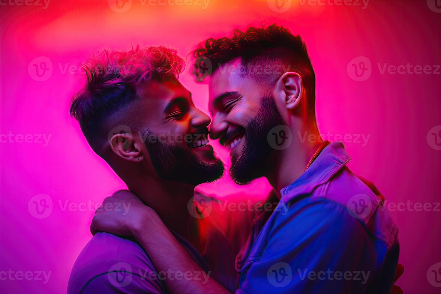 generativo ai ilustração do sorridente casal gay, lgbt conceito, positivo e alegre. néon clube cor fundo foto