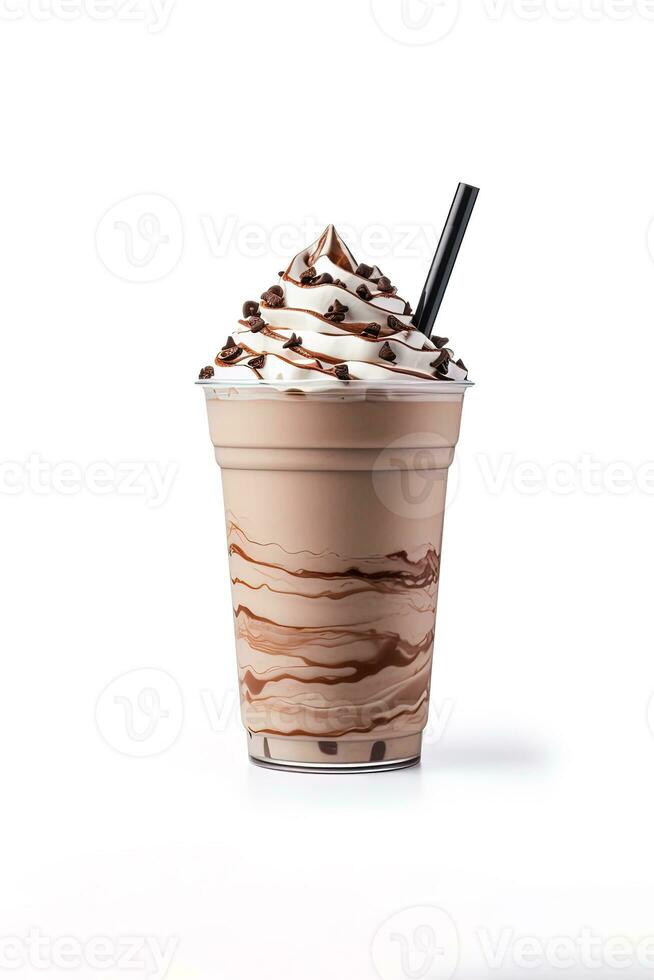chocolate milkshake dentro plástico Leve embora copo isolado em branco fundo. ai gerado foto