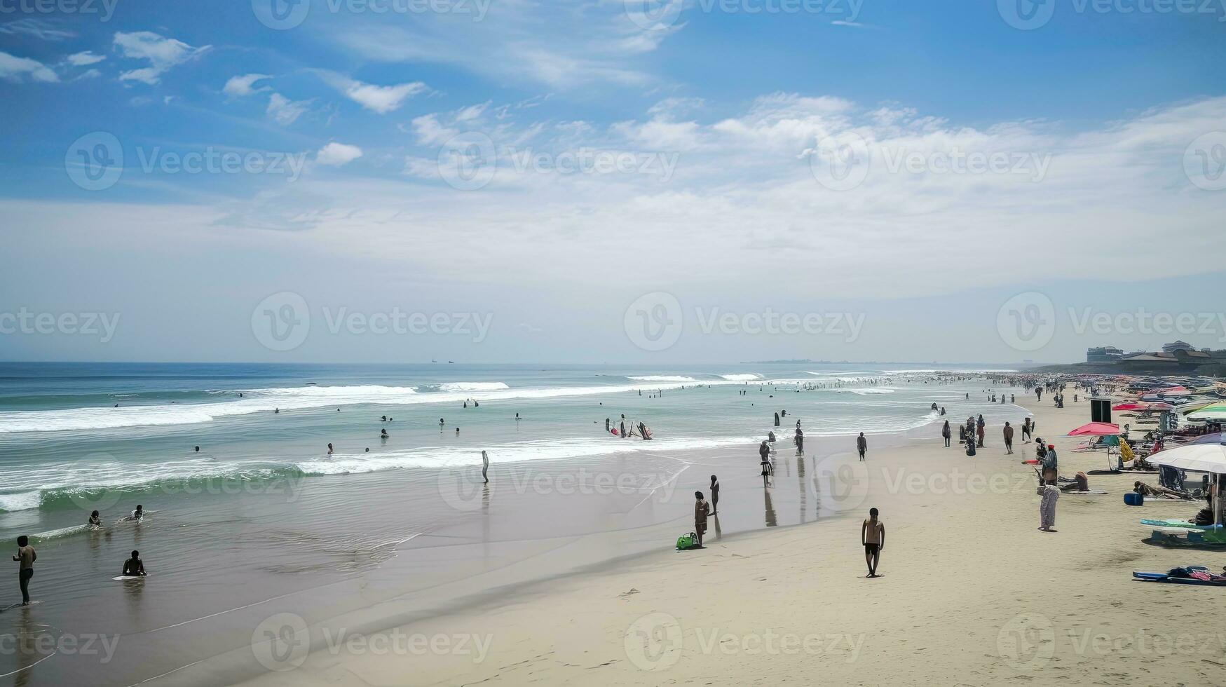 kuta de praia , Indonésia , uma ampla multidão do turistas apreciar verão em kuta de praia dentro Bali, Maravilhoso Indonésia, generativo ai foto