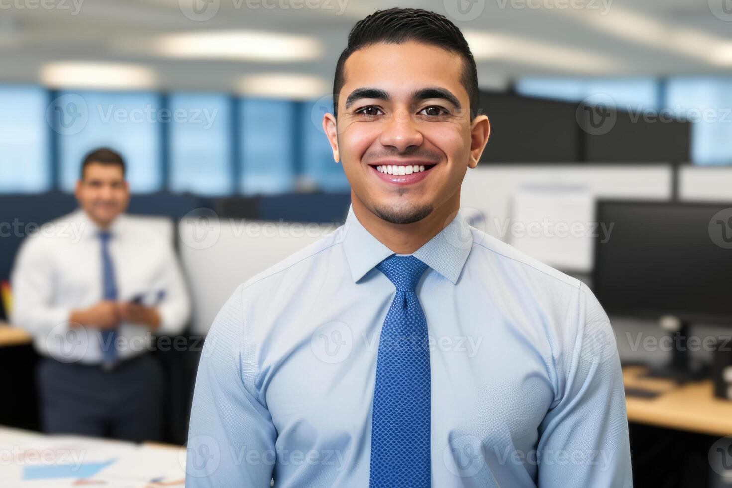 jovem inteligente homem de negocios, em pé dentro borrão fundo do escritório. generativo ai foto