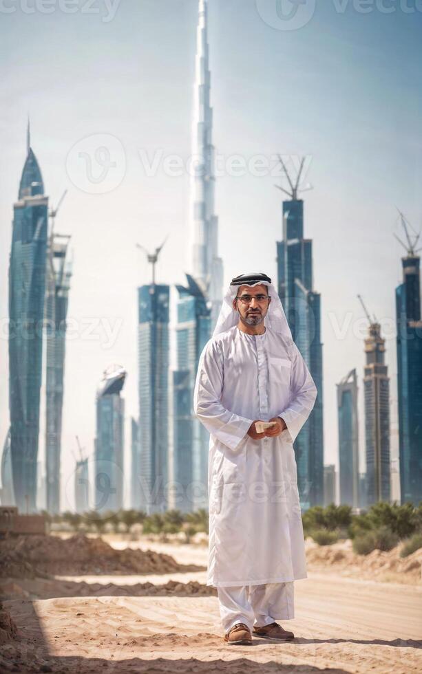 rico árabe homem de negocios dentro tradicional branco equipamento dentro grande cidade dentro fundo, generativo ai foto