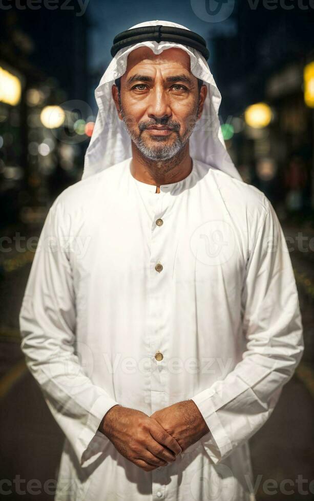 rico árabe homem de negocios dentro tradicional branco equipamento dentro noite rua fundo, generativo ai foto
