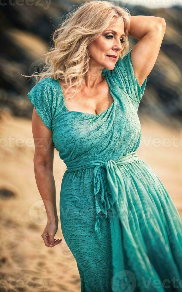 foto do branco meio envelhecido velho senhora americano mulher dentro vestir às a areia praia, generativo ai