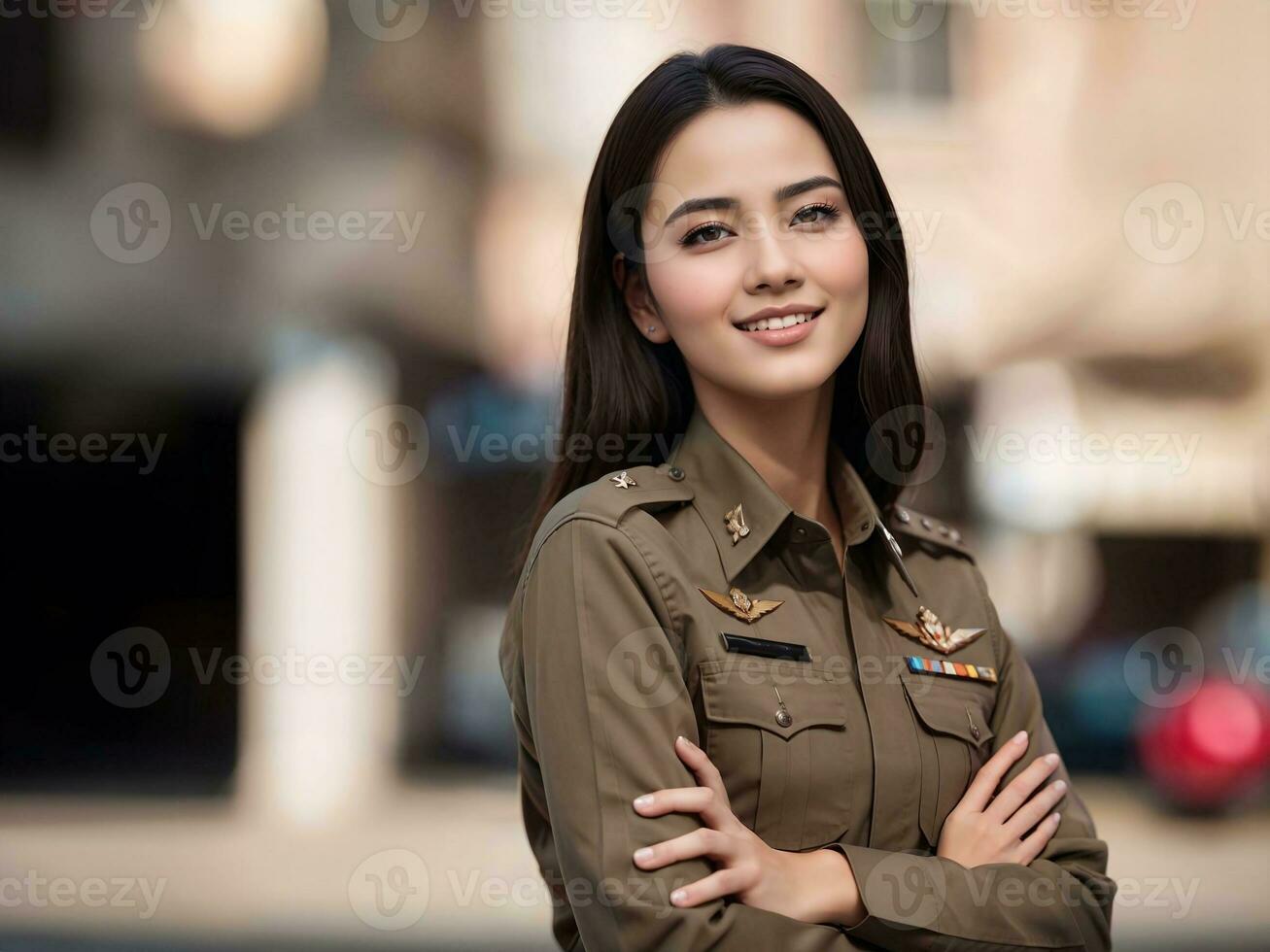 foto do ásia mulher dentro tailandês polícia Policial uniforme, generativo ai