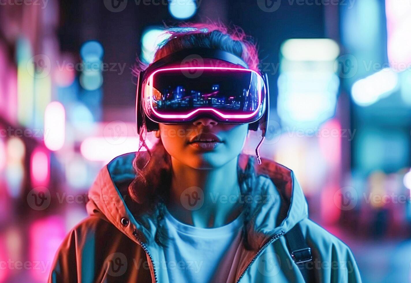 ai generativo. noite cena do a cidade. mulher dentro vr fone de ouvido dentro a cidade do a futuro foto