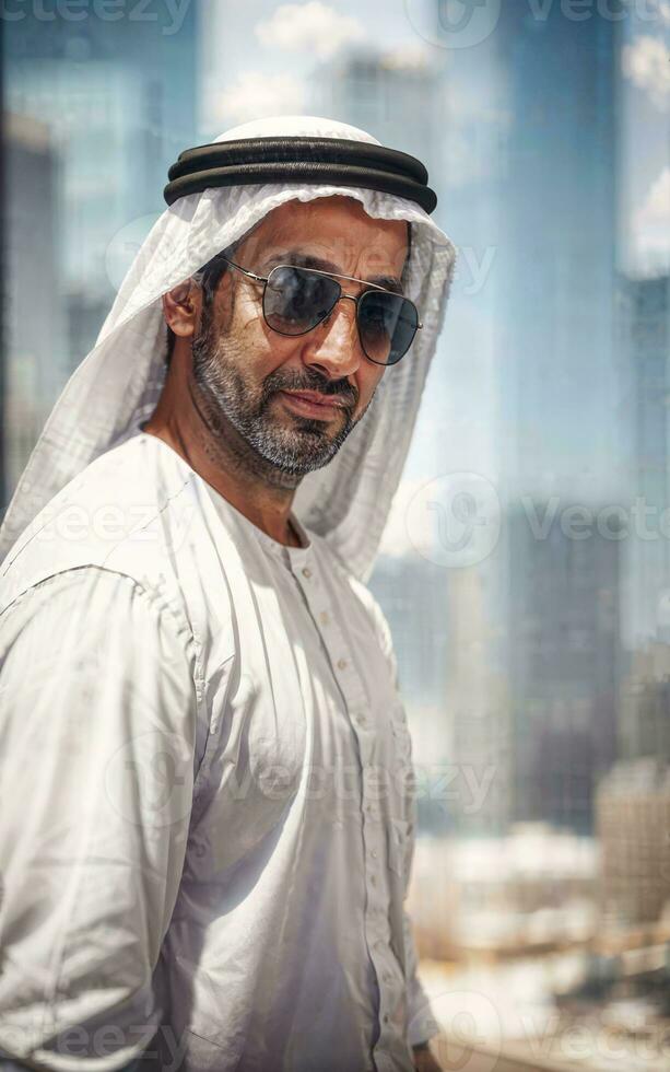 rico árabe homem de negocios dentro tradicional branco equipamento dentro grande cidade dentro fundo, generativo ai foto