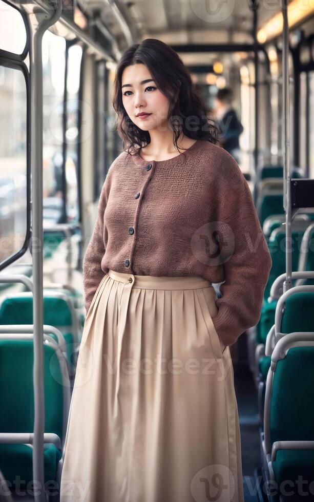 lindo mulher em pé dentro público ônibus transporte, generativo ai foto