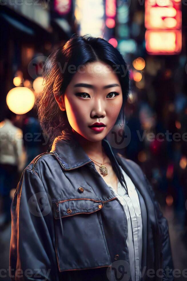 lindo jovem ásia mulher com cidade rua noite dentro fundo, generativo ai foto