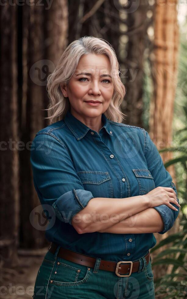 lindo meio envelhecido velho senhora mulher às casa com fresco verde plantar dentro fundo, generativo ai foto