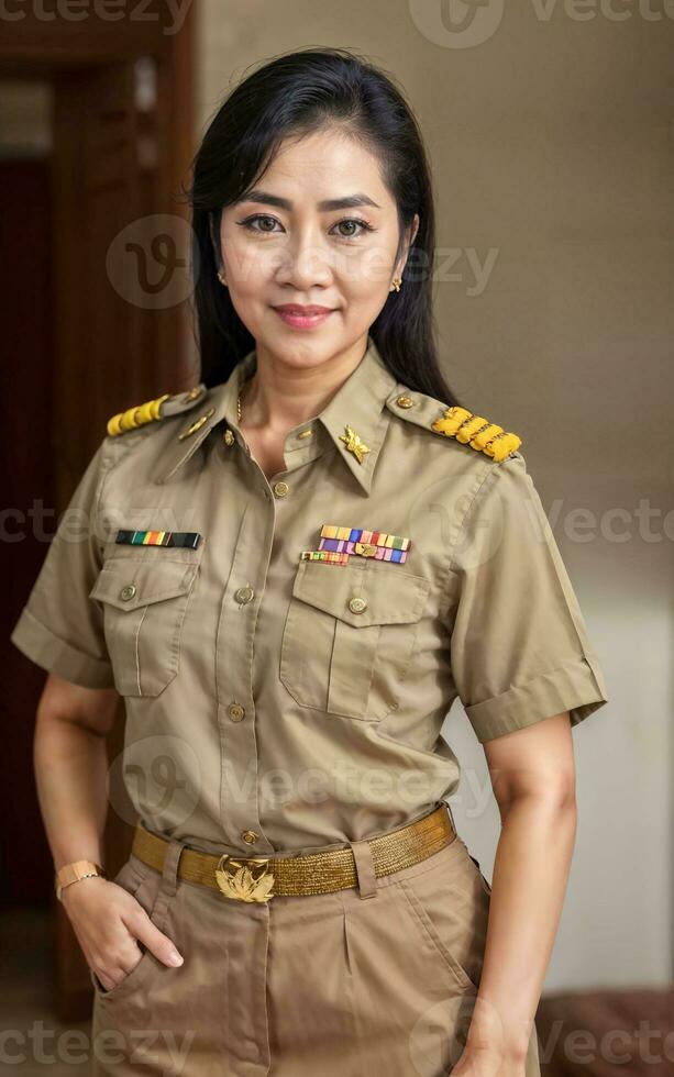 foto do meio envelhecido ásia mulher dentro tailandês professor uniforme, generativo ai