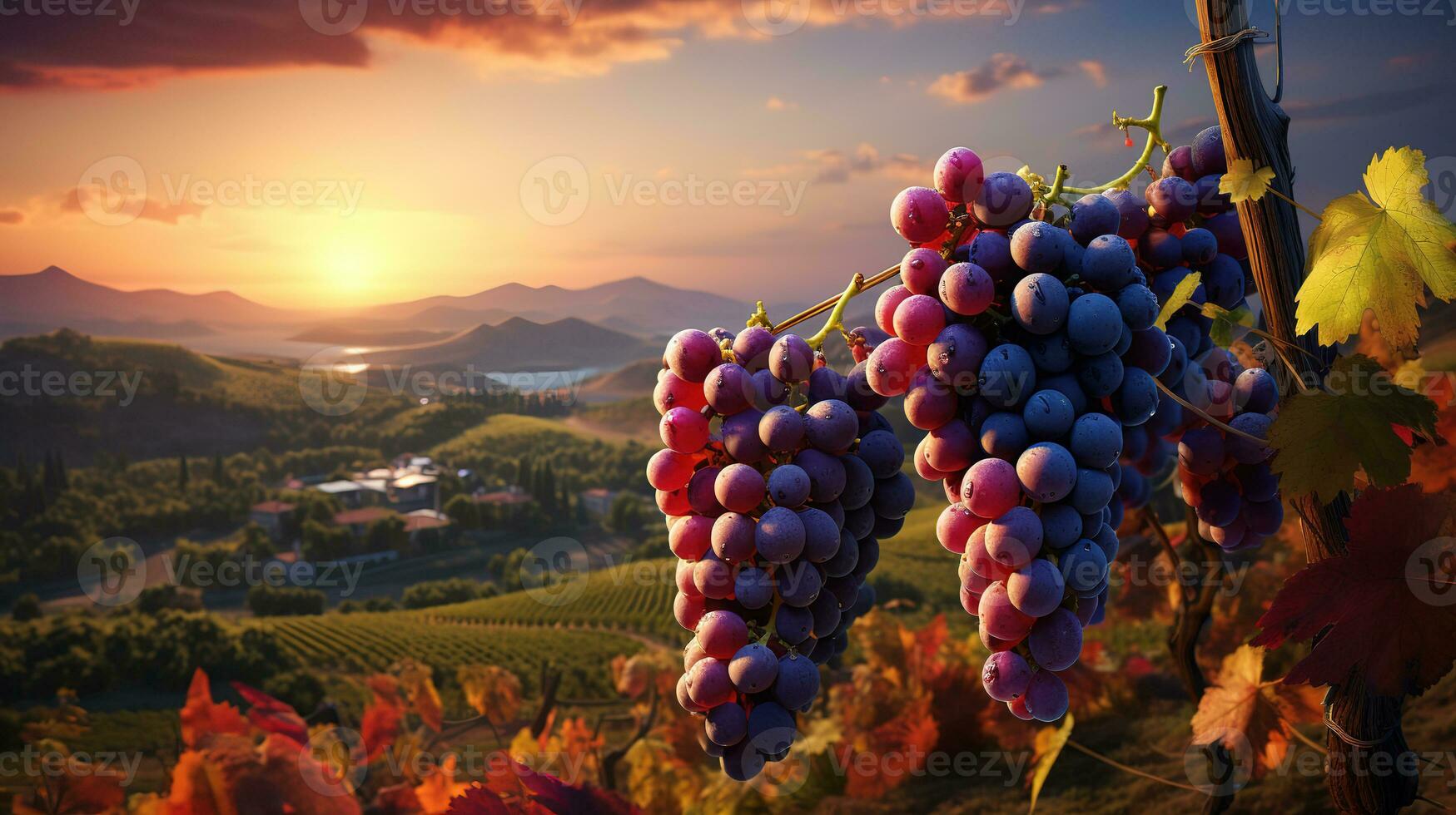 Vinhedo dentro outono colheita com maduro uvas às pôr do sol. generativo ai foto