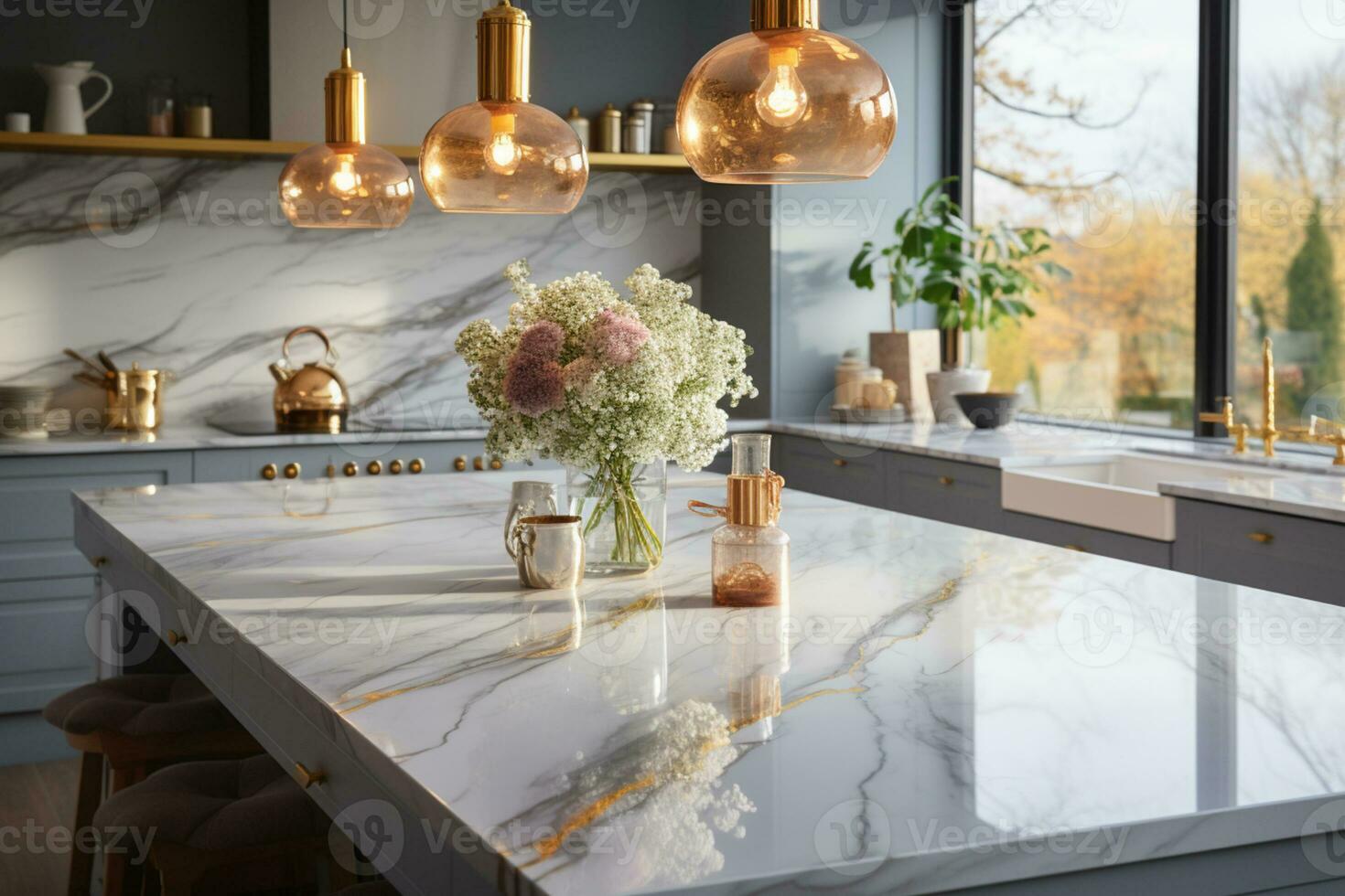 elegante e brilhante cozinha adornado com uma luxuoso mármore bancada ai gerado foto