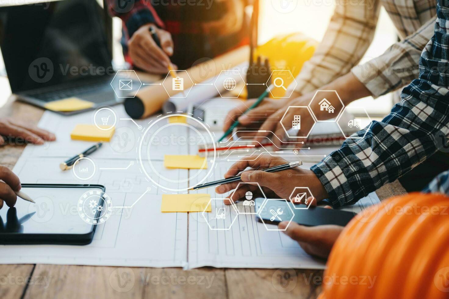 reunião de trabalho em equipe do engenheiro, desenhando trabalhando na reunião do projeto para o projeto trabalhando com o parceiro na construção de modelos no escritório da empresa. equipe profissional da indústria asiática foto