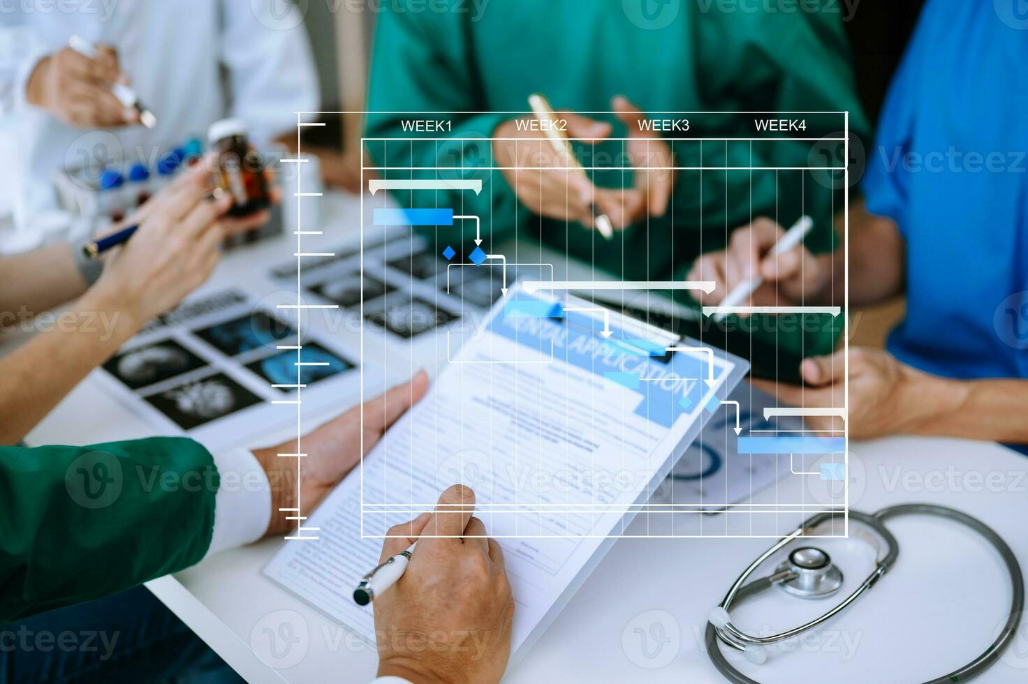 gerente de projeto trabalhando e atualizar tarefas com diagrama de agendamento de gráfico de Gantt no hospital .success médico inteligente trabalhando com médico inteligente como conceito. foto