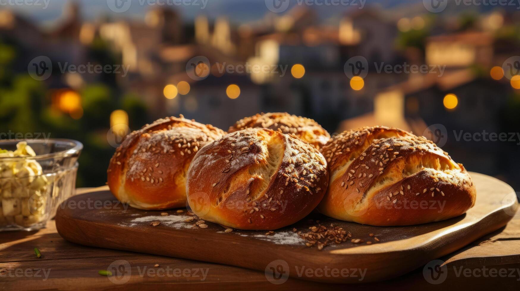 fresco pães com sésamo sementes contra a pano de fundo do a velho cidade. Fazenda pastelaria fechar-se. ai gerado foto