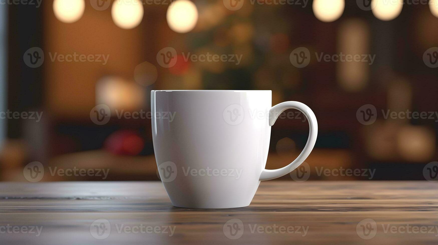 branco em branco volta café caneca em de madeira mesa com borrado café fazer compras interior, café caneca brincar dentro cafeteria ou cafeteria em de madeira mesa. pró foto