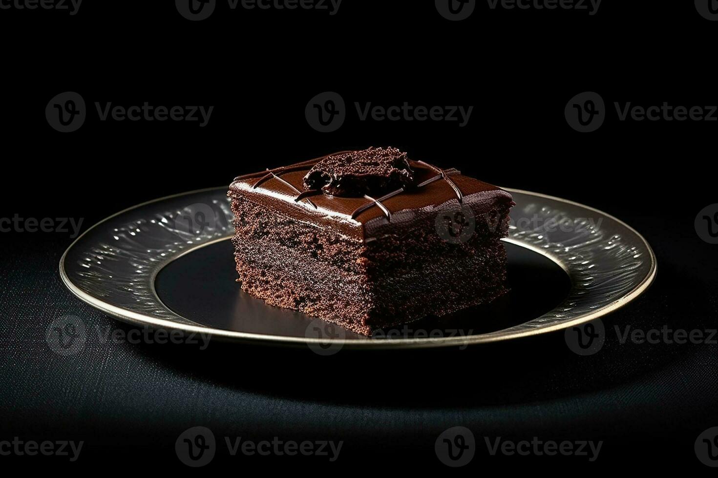 maravilhoso Sombrio chocolate bolo em uma placa, Preto fundo, ilustração, generativo ai foto