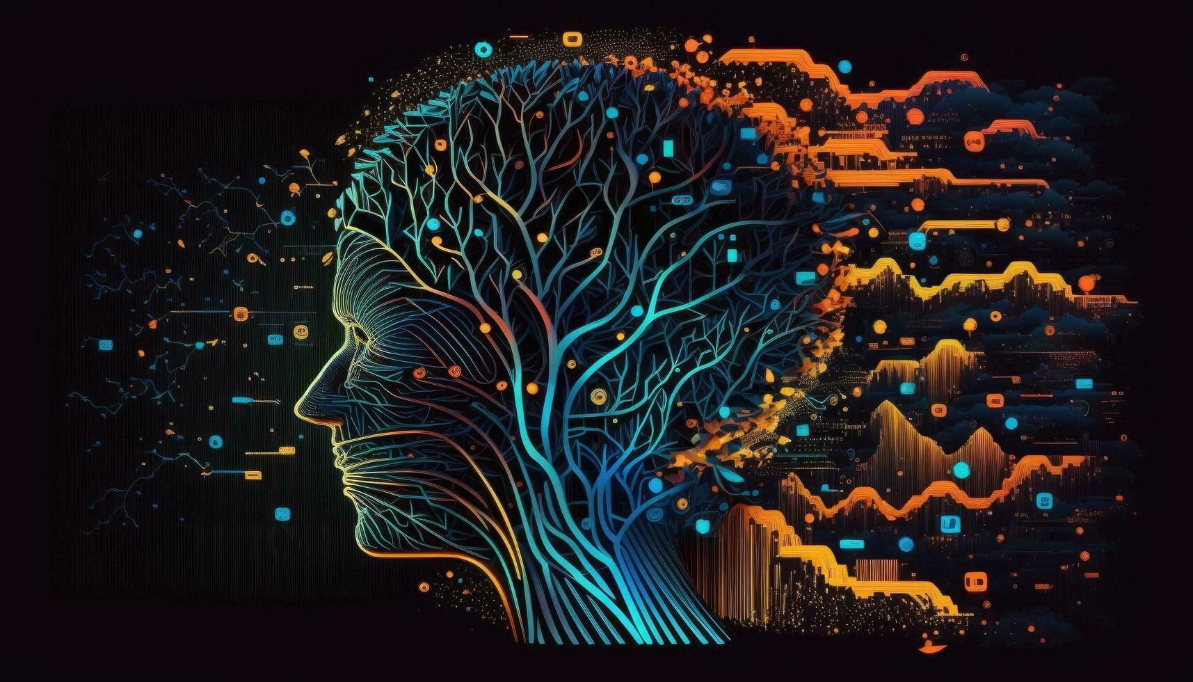 o circuito borda dentro forma eletrônico cérebro. símbolo do computador neural redes ou artificial inteligência dentro néon ciberespaço com brilhando título em Palma cientista. generativo ai foto
