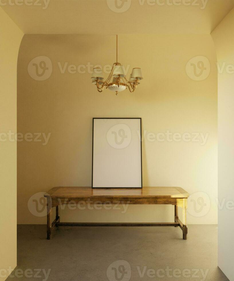 minimalista tradicional retrato quadro, Armação brincar em pé em a de madeira mesa com luxo luminária decoração com caloroso ambiente foto
