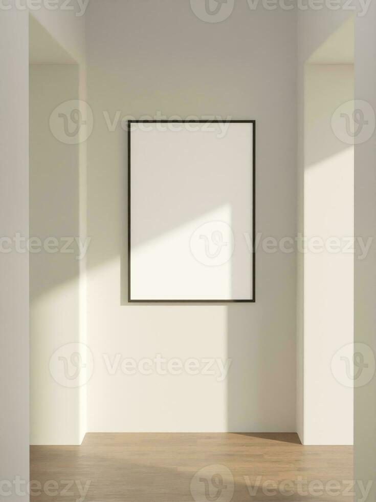 solteiro cenário do quadro, Armação brincar poster suspensão em a bege parede dentro a meio do a corredor dentro a minimalista interior foto