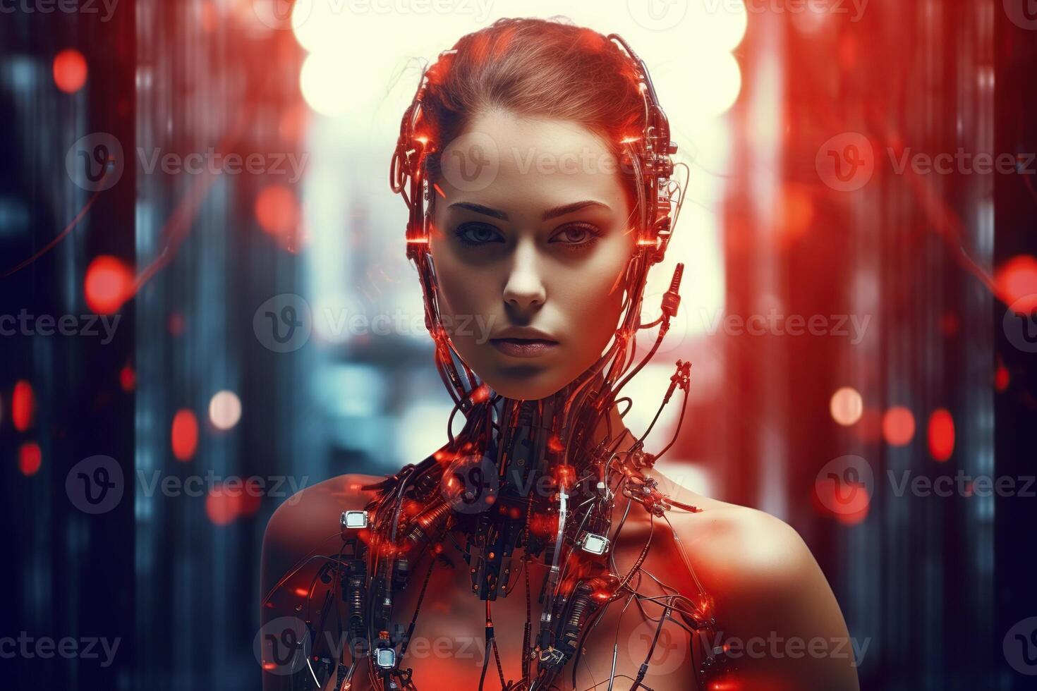 ilustração do uma cyborg mulher e ai tecnologia fundo , ai gerado foto