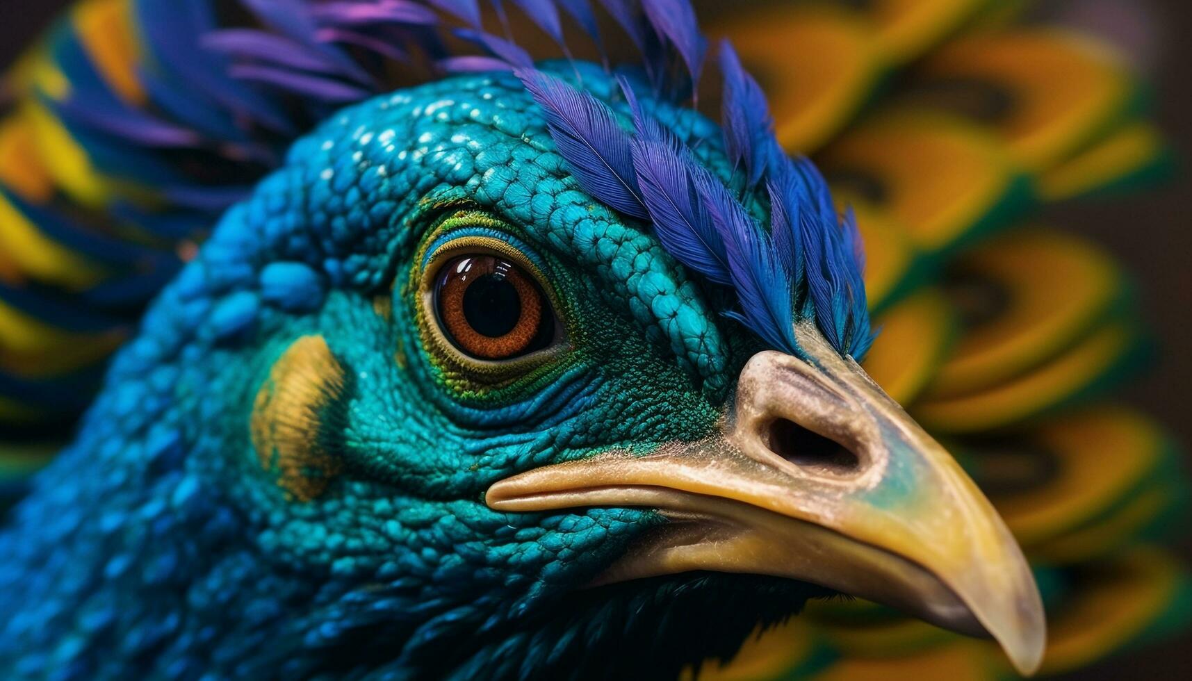 majestoso pavão exibindo vibrante cores dentro uma floresta, cativante pássaro assistindo gerado de ai foto