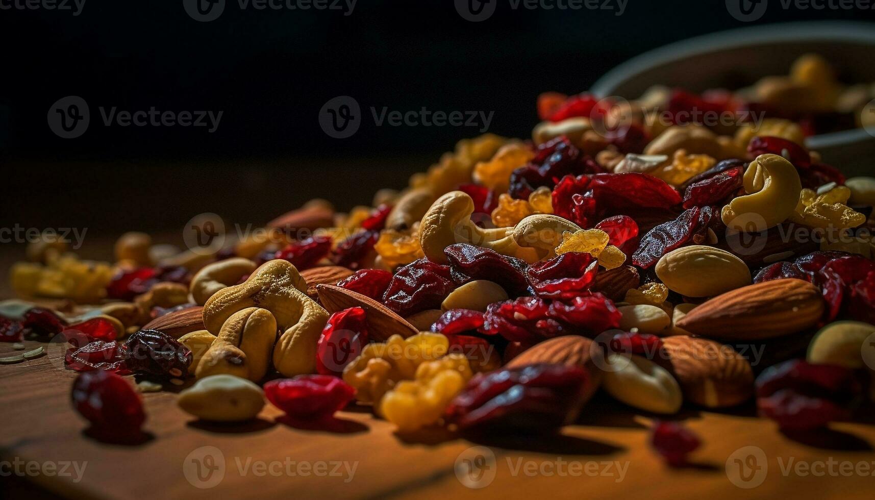 uma variedade do seco frutas e nozes dentro uma ampla tigela gerado de ai foto