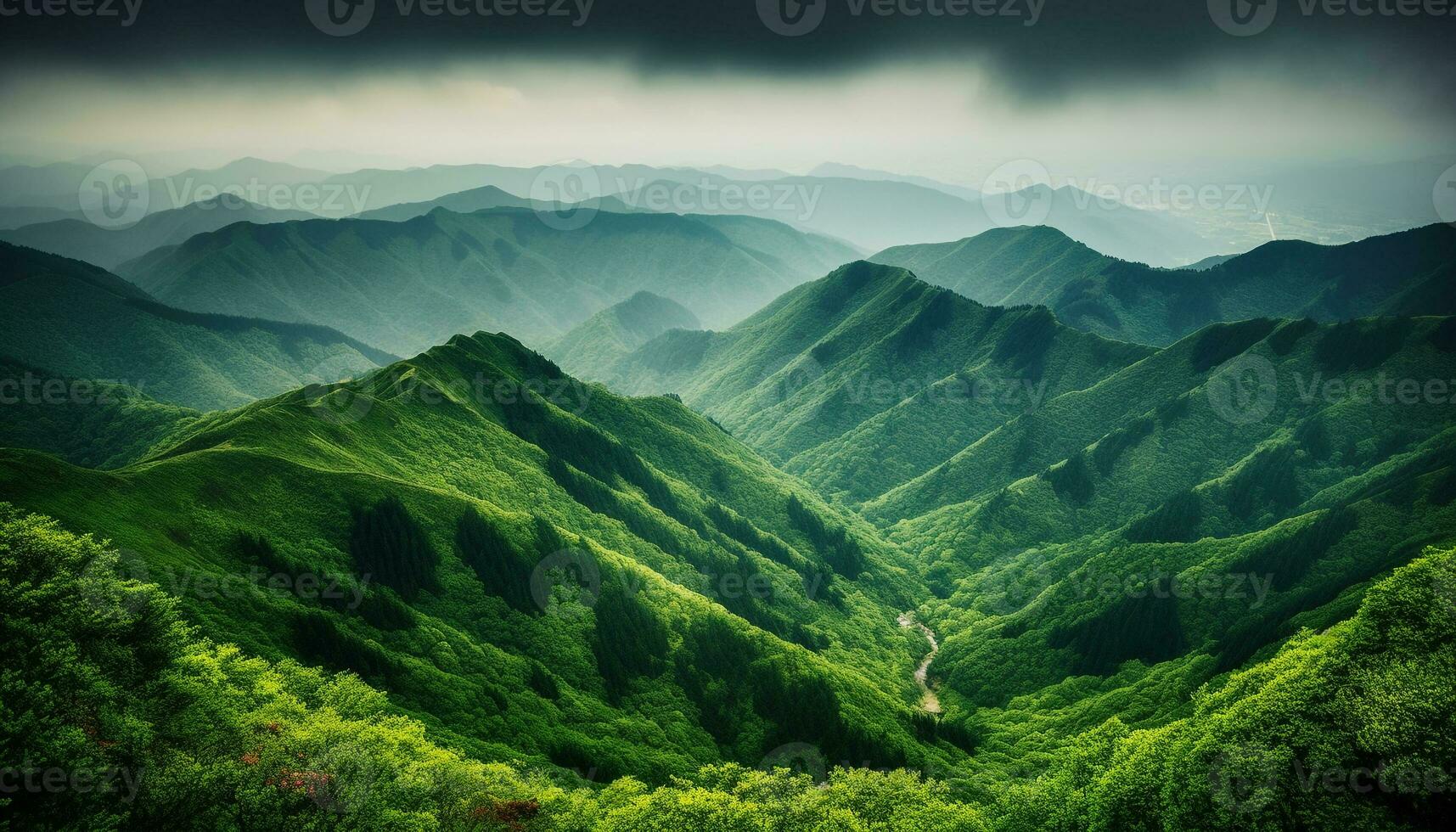 verde Prado, montanha pico, tranquilo nebuloso panorama gerado de ai foto