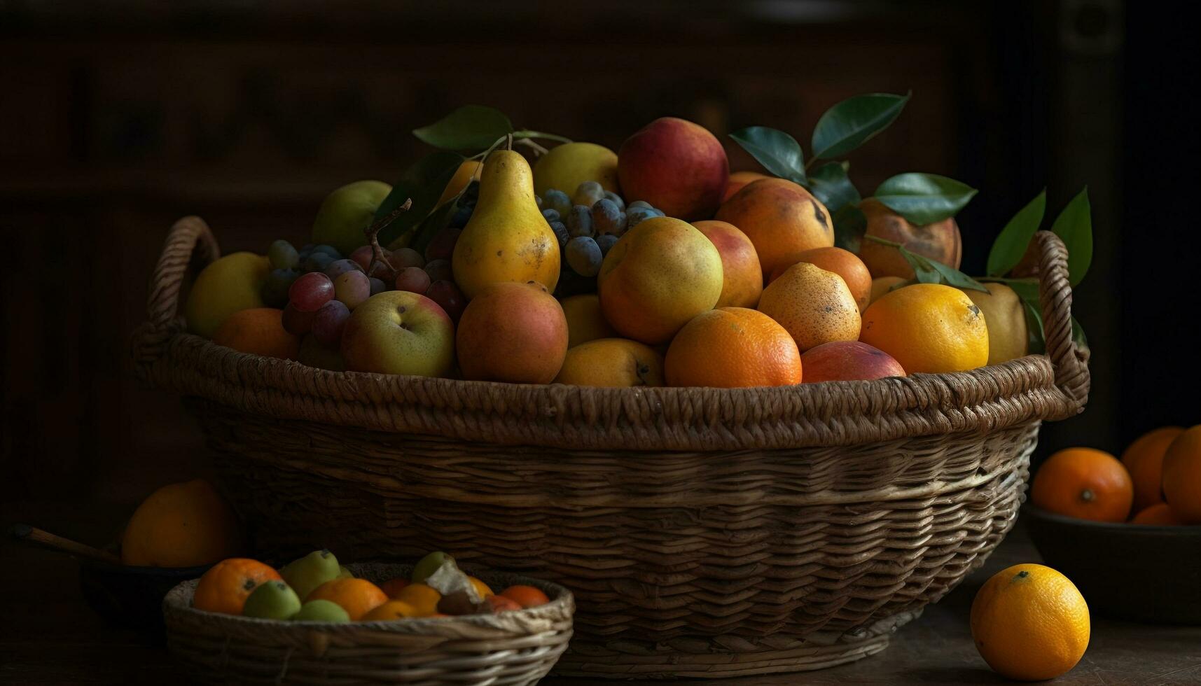 orgânico fruta cesta, natureza doce refresco ainda vida gerado de ai foto