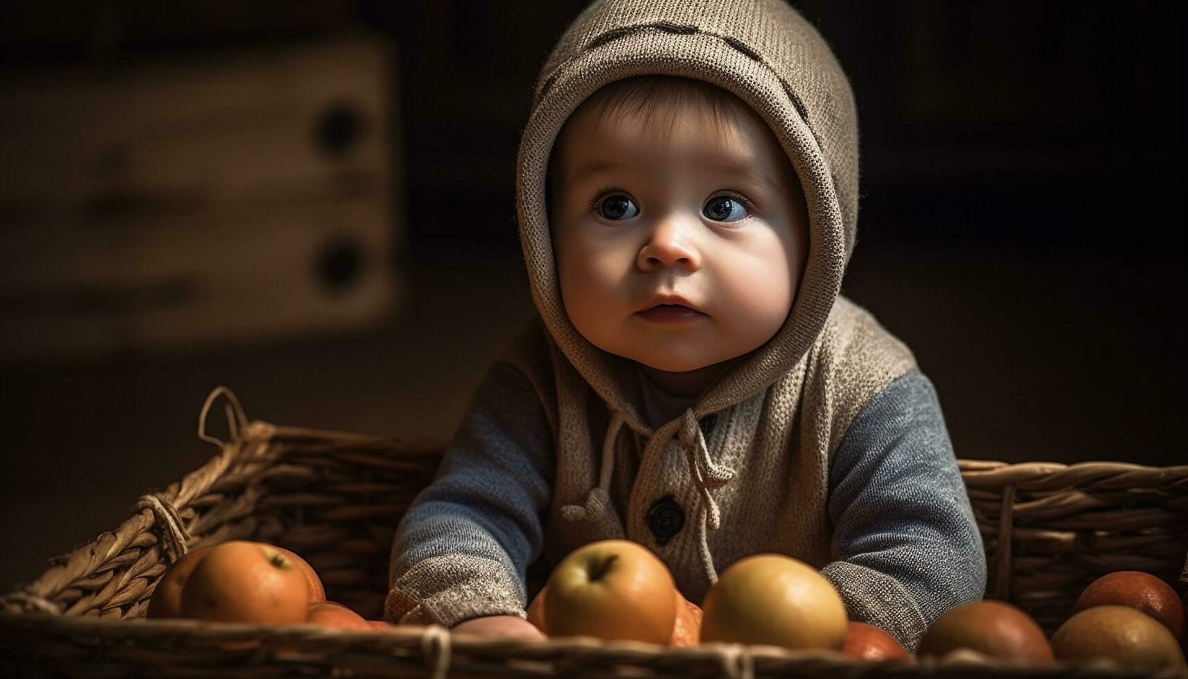 sorridente bebê Garoto detém abóbora dentro cesta gerado de ai foto