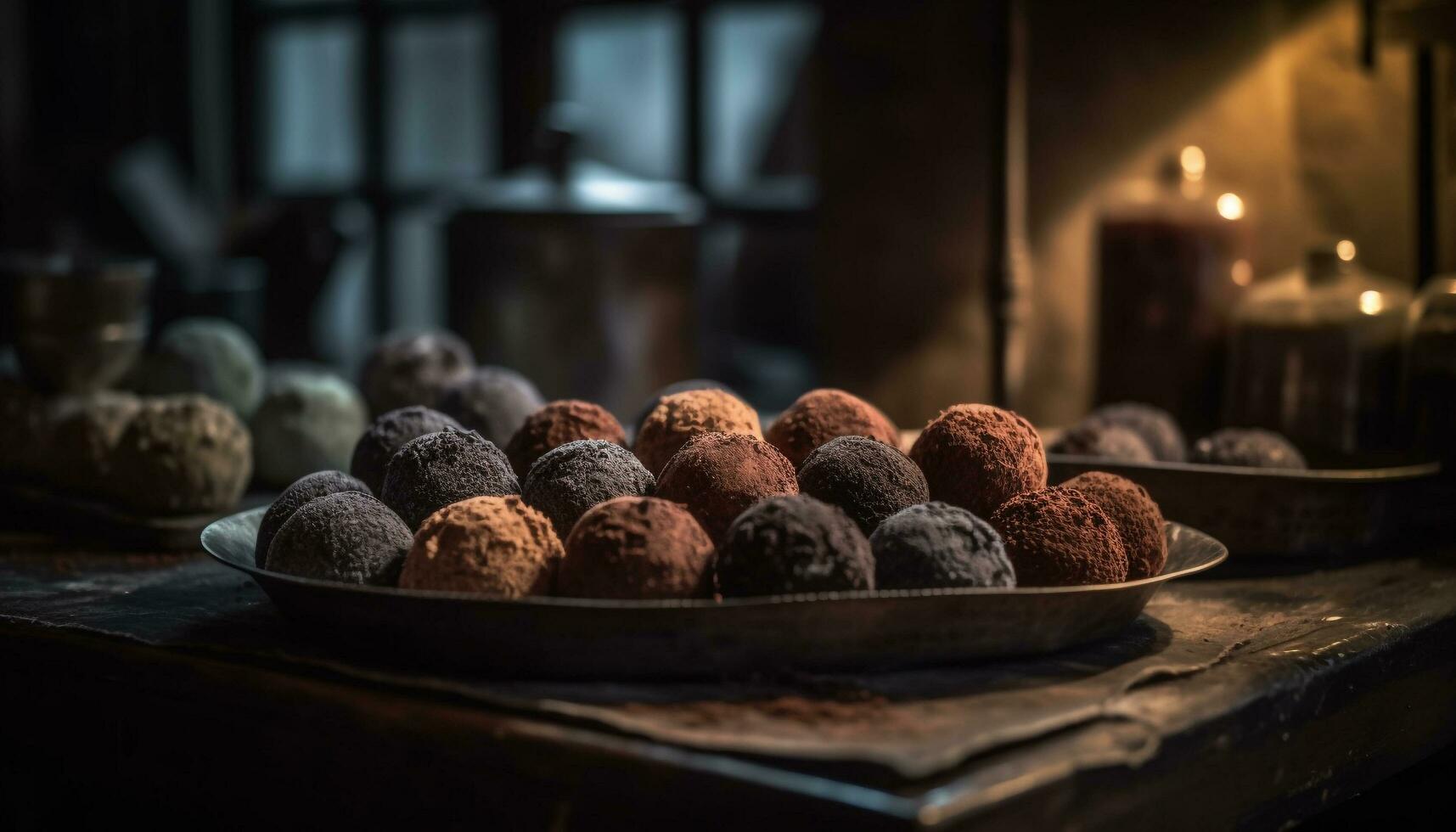 indulgente caseiro chocolate trufas em rústico mesa gerado de ai foto