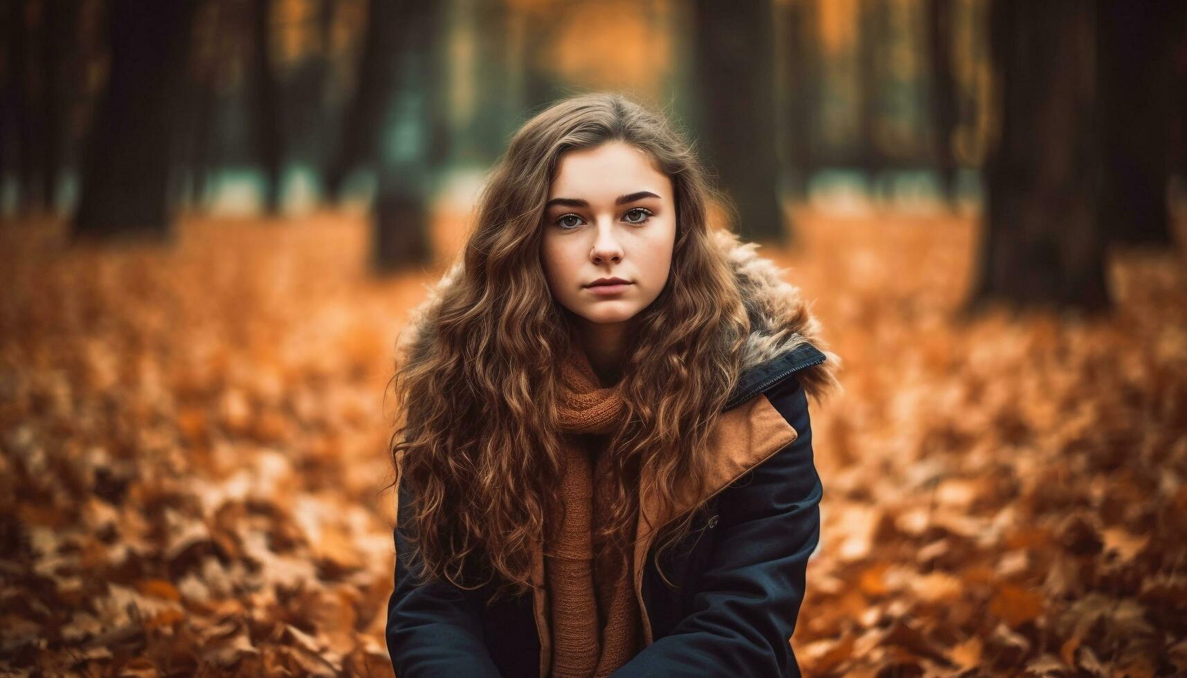 fofa jovem mulher dentro outono floresta sorridente gerado de ai foto