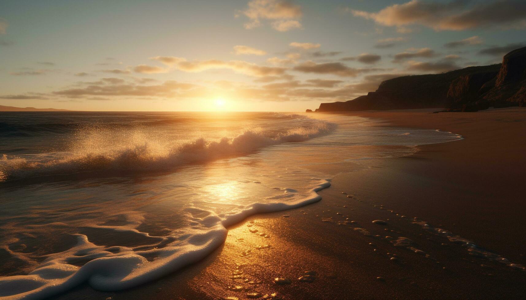 nascer do sol sobre tranquilo águas, horizonte incandescente com beleza gerado de ai foto
