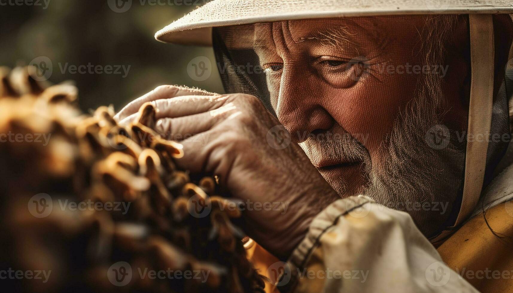 Senior agricultor segurando Palha chapéu dentro natureza gerado de ai foto