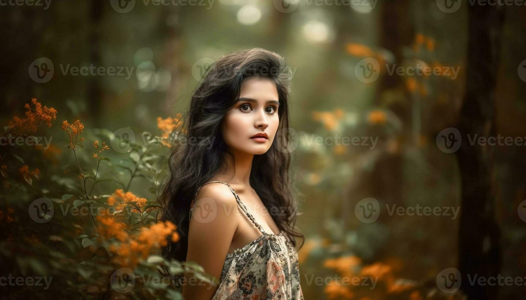 lindo jovem mulher exala elegância dentro natureza gerado de ai foto