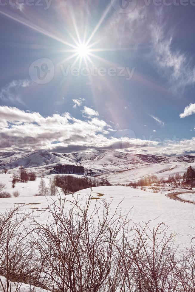 montanha zlatibor, sérvia no inverno. bela paisagem no inverno, uma montanha coberta de neve em um dia ensolarado e claro. foto