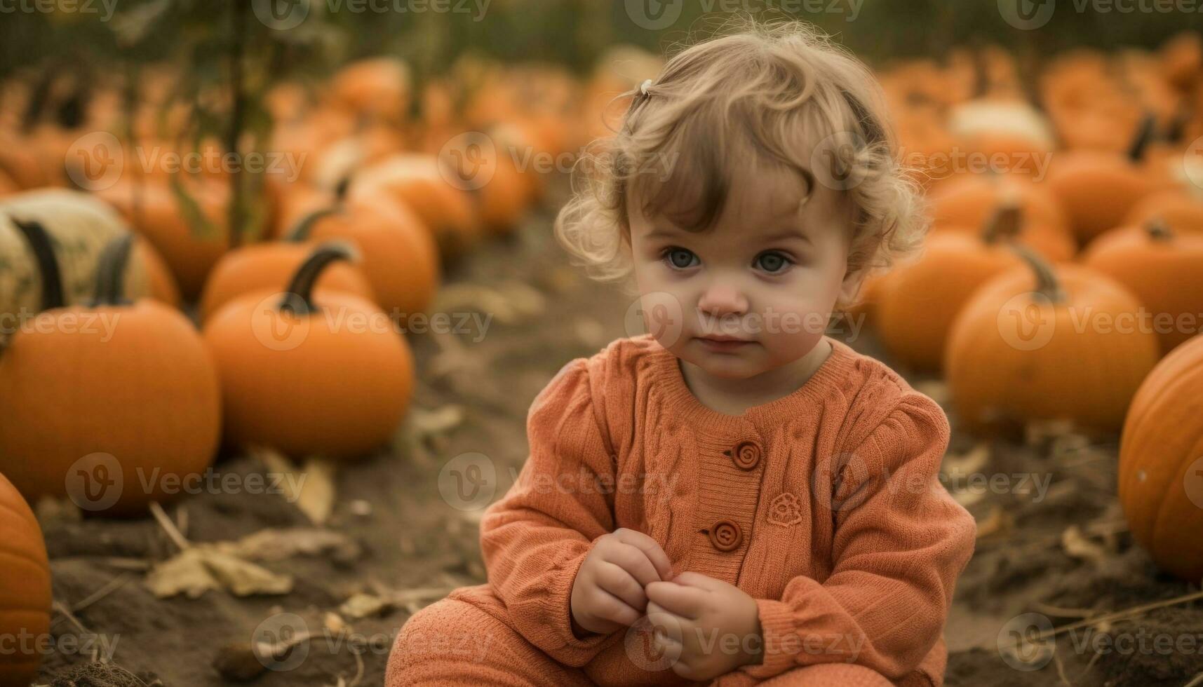 sorridente criança pequena segurando abóbora dentro outono estação gerado de ai foto