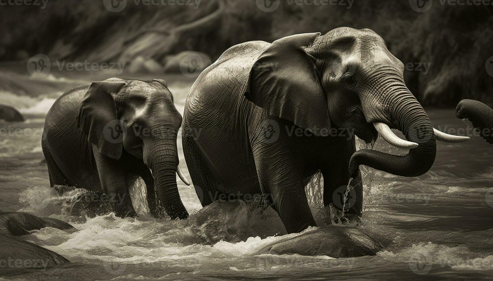 ampla africano elefante rebanho espirrando dentro água gerado de ai foto