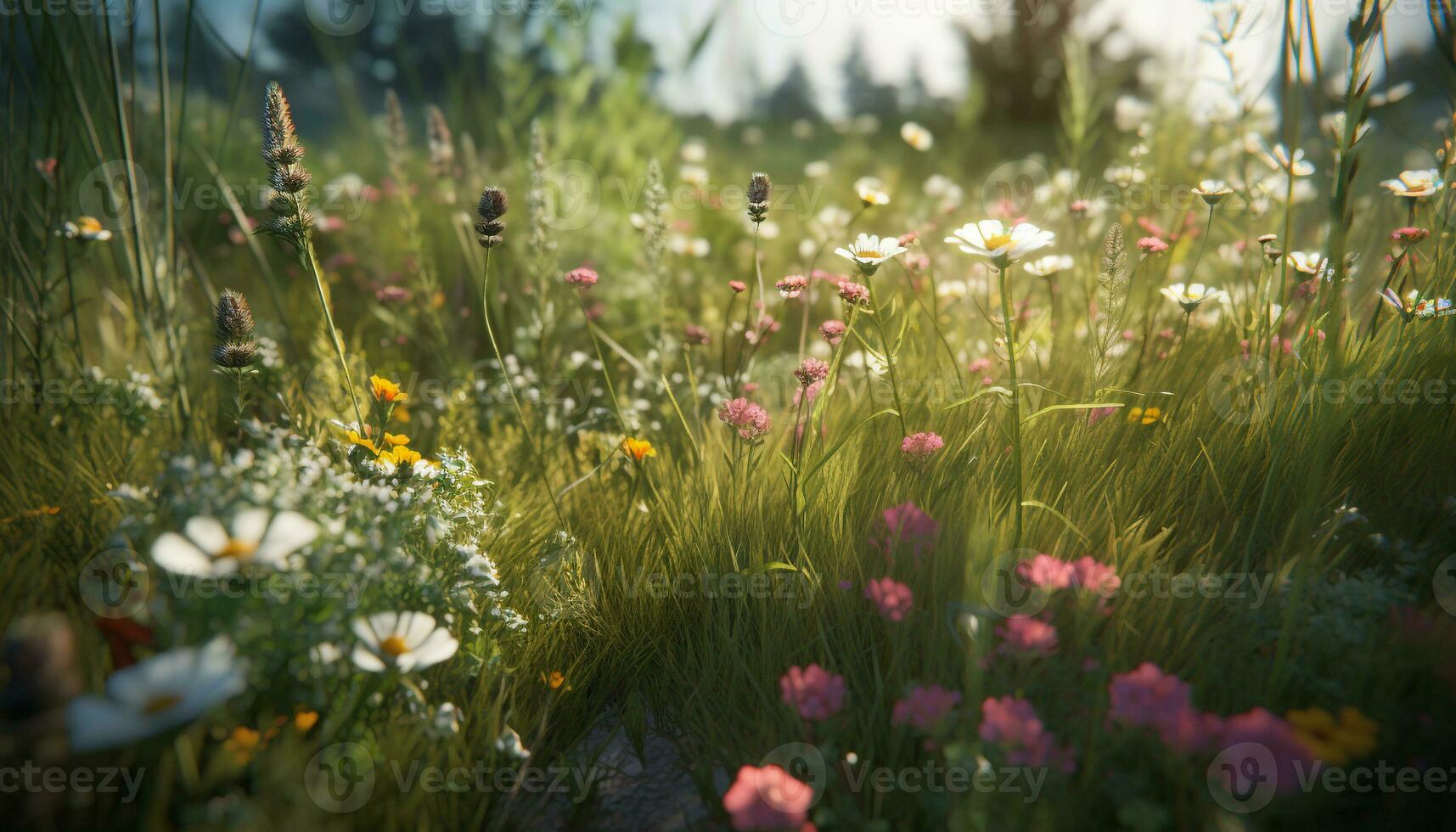 uma vibrante Prado do flores silvestres dentro verão gerado de ai foto